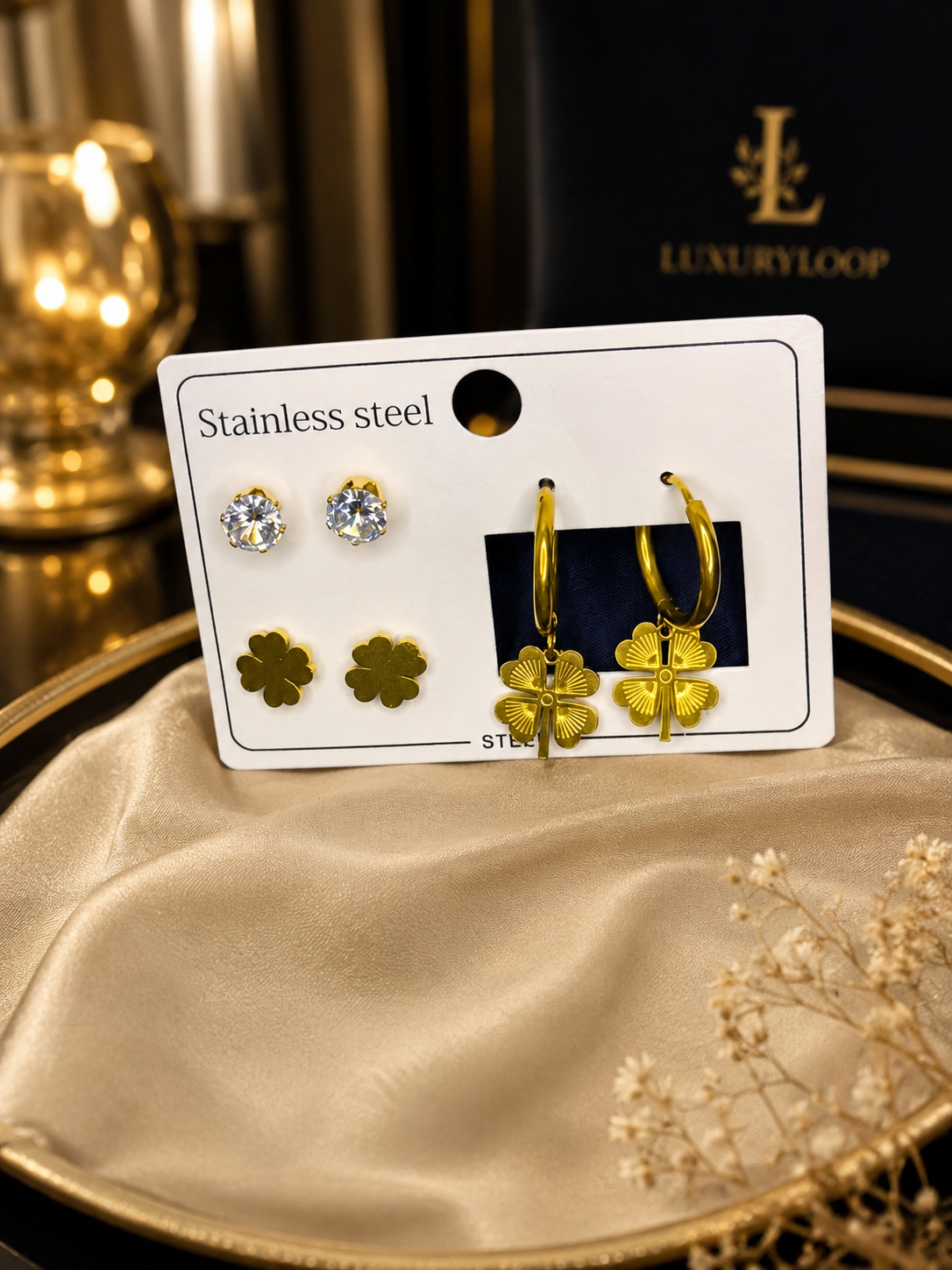 3-Pair Gold Clover Earrings