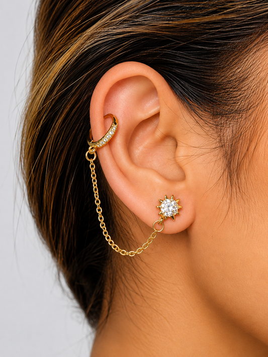 Golden Crystal Ear Cuff Chain Earrings